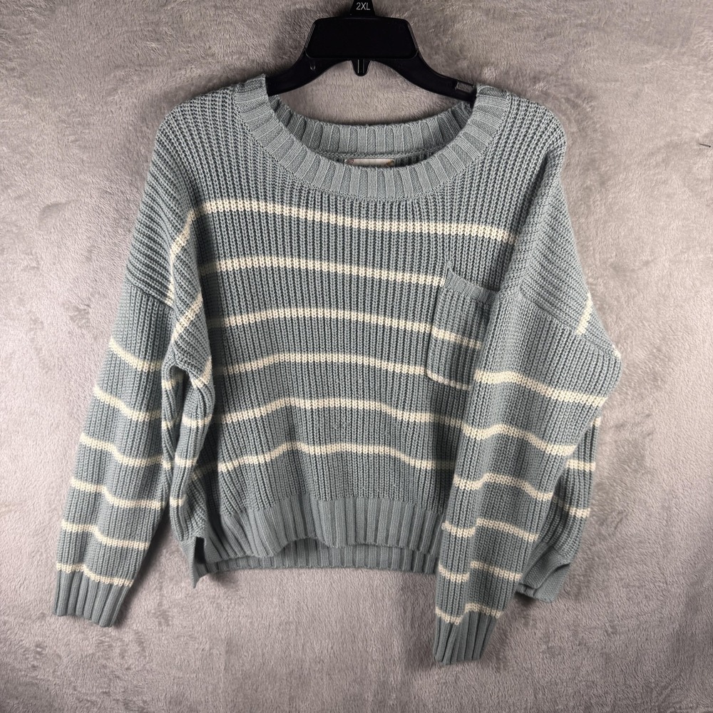 Pink Rose Sweater Juniors XL Blue Striped Waffle Knit Crew Neck Pullover Pocket